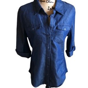 🍾 3/$25 CAVALINI Petite Denim Look Button Down